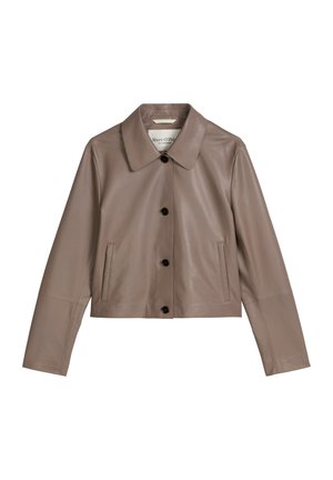 Taupe cropped leren jas met knopen aan de voorkant, twee zijzakken en een klassieke kraag.