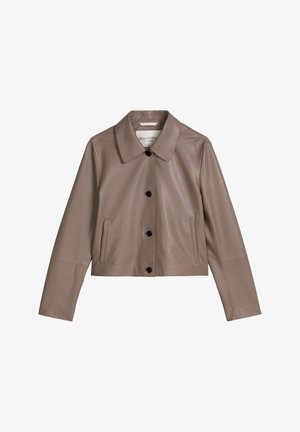 Taupe cropped leren jas met knopen aan de voorkant, twee zijzakken en een klassieke kraag.