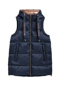 Gilet matelassé navy avec capuche, doublure intérieure dorée, fermeture éclair avant et deux poches latérales. Présente le logo "POLO CLUB" sur les cordons de serrage.