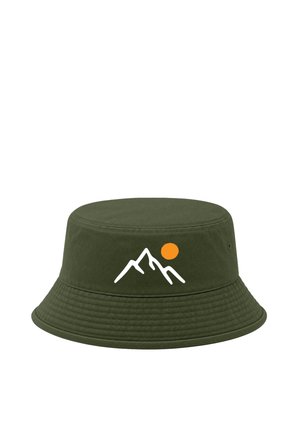 Green bucket hat with a white mountain outline and an orange sun graphic on the front, featuring stitched brim and side ventilation holes.