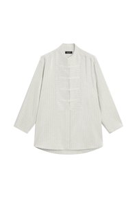 Jasnoszara koszula z długim rękawem i kołnierzem stojącym, ozdobiona pionowymi cienkimi paskami, guzikami z przodu oraz zaokrąglonym dołem.