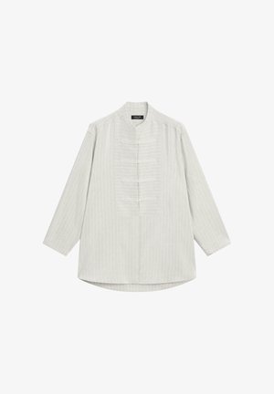 Lichtgrijs shirt met lange mouwen en een mandarinnekraag, voorzien van verticale spijkerstrepen, knoopdetails aan de voorkant en een afgeronde zoom.