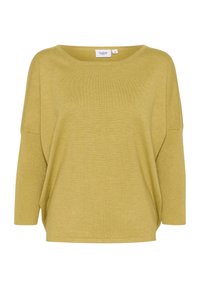 Pull en maille jaune moutarde avec une coupe décontractée, un col large et des manches trois-quarts. Texture douce avec des détails côtelés à l'ourlet.