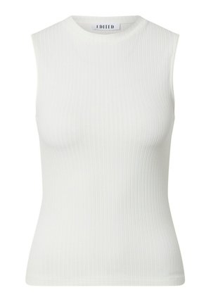White sleeveless ribbed top with a high neckline and fitted body shape. Smooth texture and minimalistic design for versatile wear.