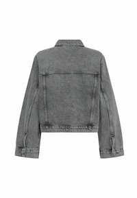 Giacca di denim grigia a taglio corto con maniche lunghe, polsini abbottonati e dettagli di cucitura, mostrata da dietro.