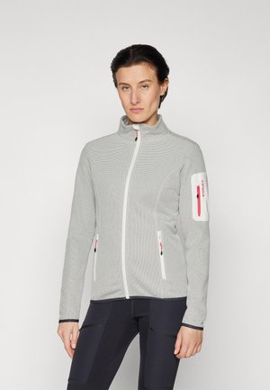 Light gray zip-up jacket with a textured pattern, white accents, two side pockets, and a left arm pocket with a red zipper.