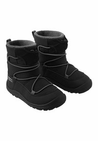 Schwarze Winterstiefel mit weichem grauem Innenfutter, elastischen Schnürsenkeln und einer strukturierten Gummisohle. Hergestellt aus synthetischen Materialien, geeignet für kalte Bedingungen.