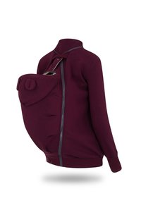 Felpa bordeaux con zip frontale e cappuccio a tasca. Tessuto morbido, polsini aderenti e orlo arrotondato. Dettagli con zip visibili.