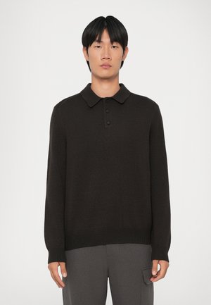 Dark brown ribbed sweater with a polo collar, three buttons, and long sleeves. Textured knit fabric and fitted hem detail.