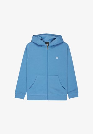 Blauwe hoodie met ritssluiting, voorzakken, lange mouwen, geribbelde boorden en zoom, en een klein wit logo op de linkerborst.