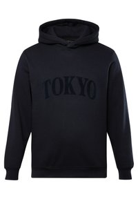 Felpa con cappuccio di un blu navy scuro, realizzata in un tessuto morbido, con una grande stampa tonale "TOKYO" sul petto, polsini a coste e cappuccio con coulisse.