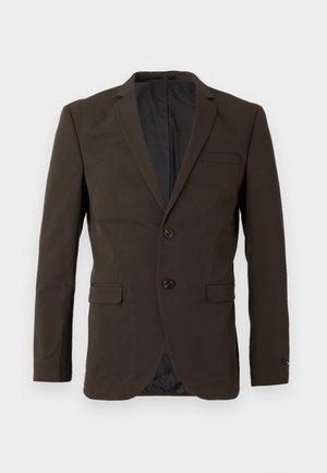 Dunkelbrauner Blazer mit einreihigem Design, mit Schößchen, zwei vorderen Taschen und schwarzen Knöpfen. Der Innenfutter ist schwarz.