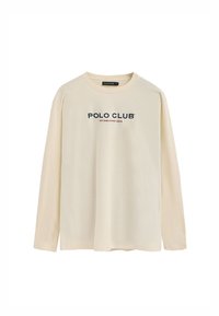 T-shirt a maniche lunghe color crema realizzato in cotone. Presenta la scritta "POLO CLUB" e "FONDATO NEL 2012" stampate in blu scuro sul davanti.