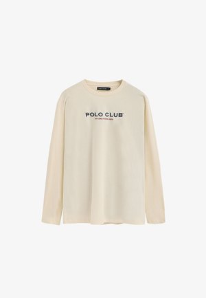 T-shirt a maniche lunghe color crema realizzato in cotone. Presenta la scritta "POLO CLUB" e "FONDATO NEL 2012" stampate in blu scuro sul davanti.