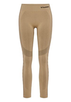 Beige sportleggings met een hoge tailleband, voorzien van textuurpanelen en een logo bovenaan. Gemaakt van rekbaar materiaal voor comfort.