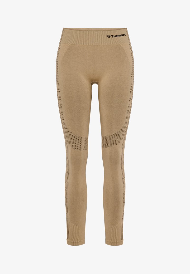 Beige Sportleggings mit hohem Bund, ausgestattet mit strukturierten Einsätzen und einem Logo oben. Hergestellt aus dehnbarem Material für optimalen Komfort.