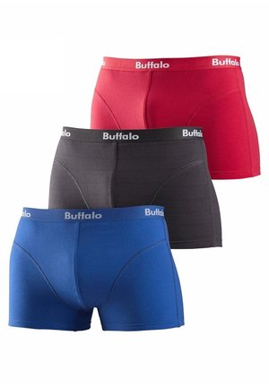 Büffel-Boxershorts in Rot, Schwarz und Blau; aus weichem Stoff mit einer körpernahen Passform und elastischen Taillenbünden, die das Markenlogo tragen.