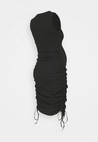Vestido de maternidade em jersey cinza escuro com design sem mangas, laterais drapeadas e fitas ajustáveis na barra para uma silhueta ajustada.