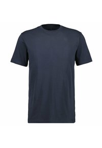 T-shirt in cotone blu navy con maniche corte, collo tondo e texture liscia. Presenta un design semplice senza motivi o accessori.