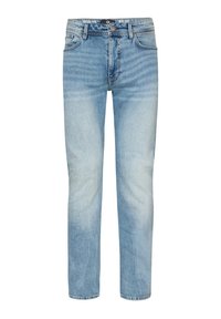 Jeans rectos de color azul claro con un acabado desgastado, cinco bolsillos y cierre de botón. Fabricados en tela de mezclilla, con un sutil efecto de desgaste.