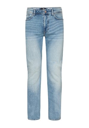 Jeans in denim azzurro chiaro a gamba dritta con finitura sbiadita, cinque tasche e chiusura con bottone. Realizzati in tessuto denim, presentano una leggera sfumatura.