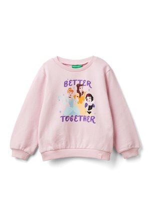 Jasnoróżowa bluza dziecięca z ilustracjami trzech księżniczek Disneya i fioletowym napisem "Better Together" na przodzie.