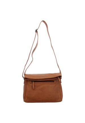Brown leather crossbody bag with adjustable shoulder strap and front zippered pocket against white background.