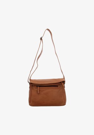 Brown leather crossbody bag with adjustable shoulder strap and front zippered pocket against white background.