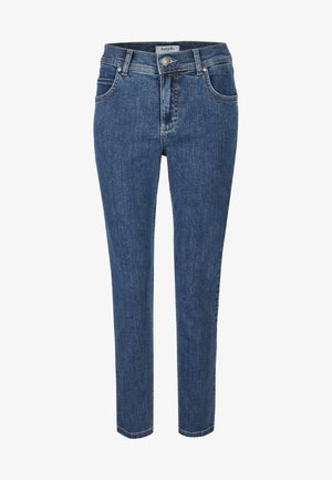 Denim jeans in dark blue with a straight fit, five-pocket design, visible stitching, and a button closure at the waist.
