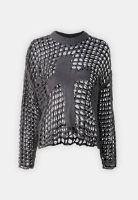 Suéter gris de punto con un diseño calado. Cuenta con un cuello redondo y un corte holgado, que presenta un prominente patrón gráfico central.