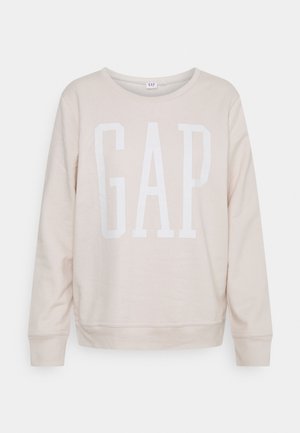 Beige long-sleeve sweatshirt with white "GAP" logo centered on the front, crew neckline, and ribbed cuffs and hem.