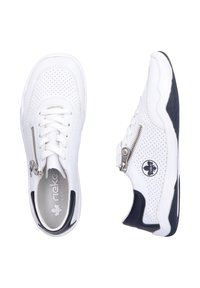 White perforated sneakers with blue accents, lace and zipper closure, rubber sole, and embossed logo on the side.