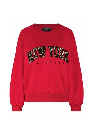 Rode sweatshirts met "NEW YORK" in luipaardprint en "BROOKLYN" in zwart, met een ronde halslijn en elastische manchetten en zoom.