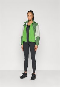 Chaqueta tipo windbreaker en un vibrante verde con acentos grises, con cierre de cremallera en la parte delantera, puños elásticos y dobladillo ajustable. Leggings negros y zapatillas.