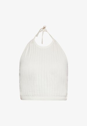 Biały top na ramiączkach z fakturą prążkowaną, regulowanymi sznurkami na szyi oraz dopasowanym dołem. Prosty design idealny do warstwowego noszenia lub na co dzień.