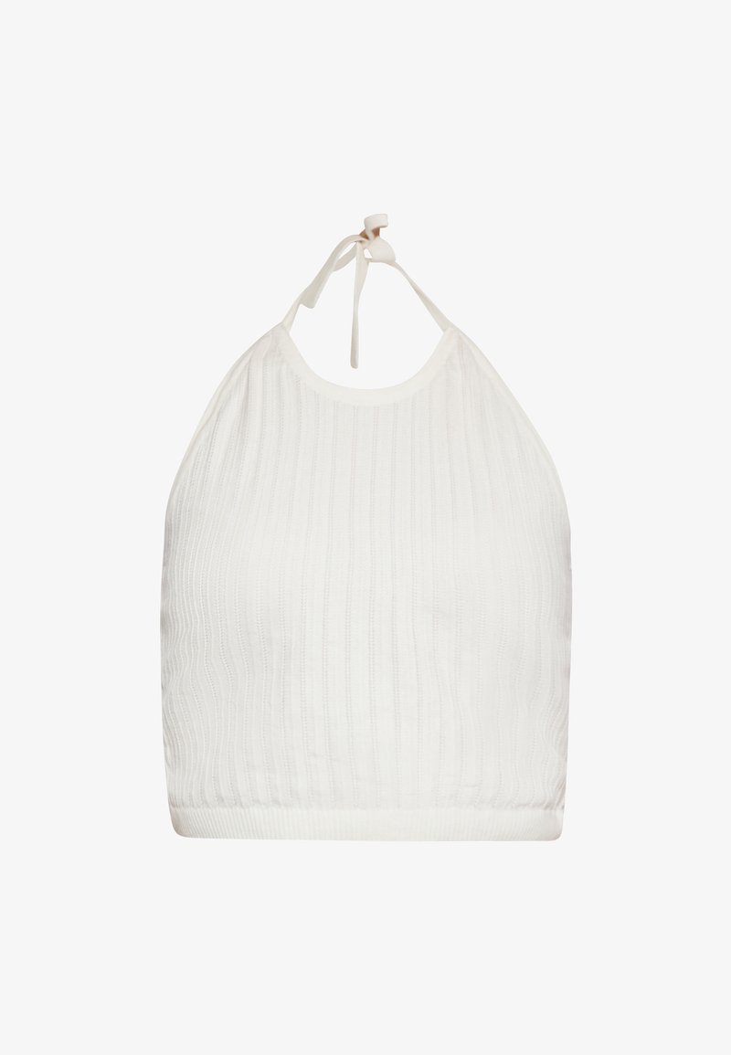 Hvid halterneck top med ribbet struktur, justerbare nakkesnore og en tætsiddende kant. Simpelt design ideelt til lag-på-lag eller afslappet brug.