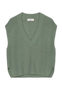 Zelený, bezrukávový pletený svetr s výstřihem do V, který má texturovaný žebrovaný vzor a malou logo aplikaci vpravo dole.