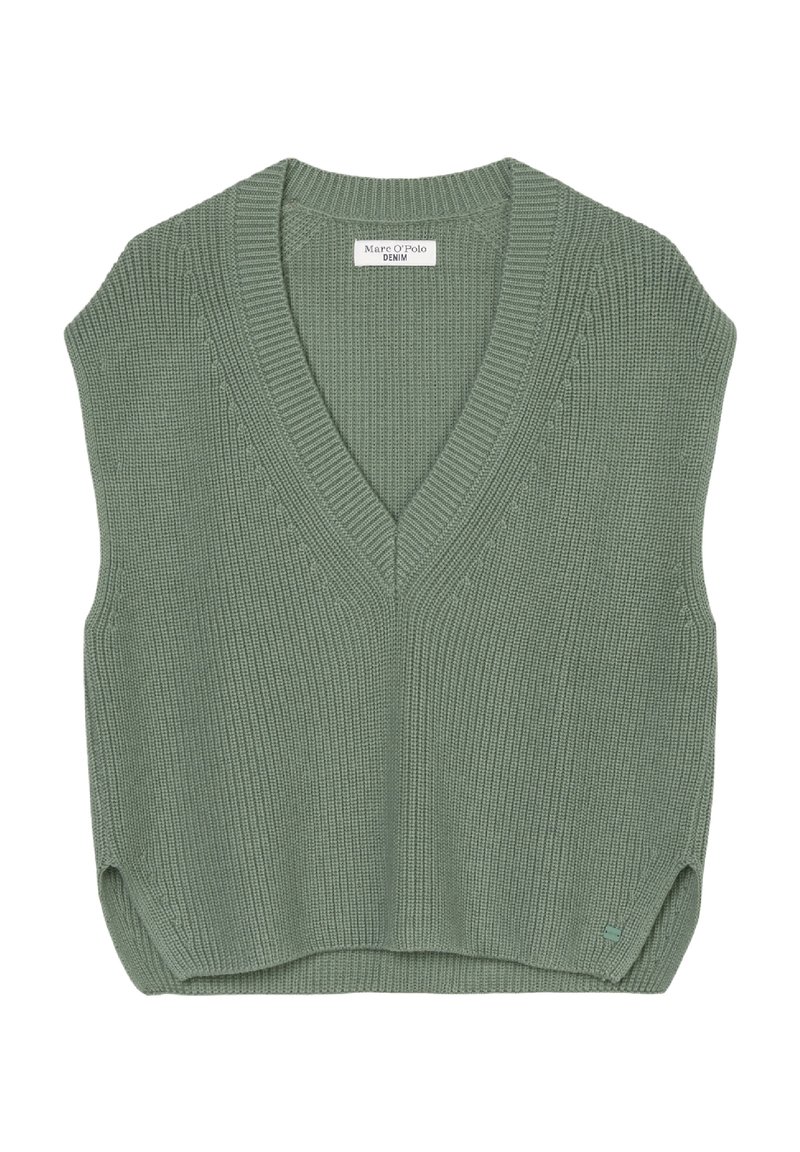 Zelený, bezrukávový pletený svetr s výstřihem do V, který má texturovaný žebrovaný vzor a malou logo aplikaci vpravo dole.
