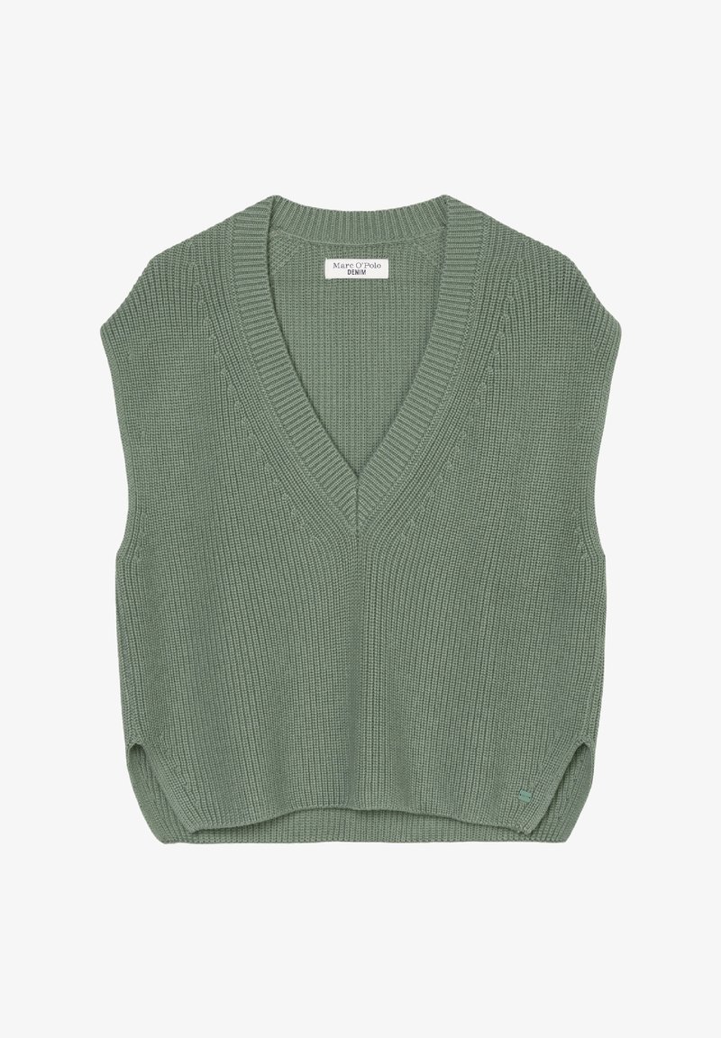 Zelený, bezrukávový pletený svetr s výstřihem do V, který má texturovaný žebrovaný vzor a malou logo aplikaci vpravo dole.