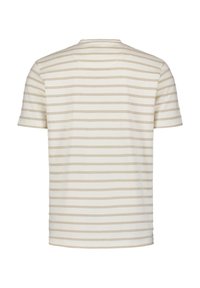 Kurzärmliges T-Shirt in Creme mit horizontalen beigefarbenen Streifen, Rundhalsausschnitt, weichem Baumwollgewebe und ohne sichtbare Hardware oder Akzente.