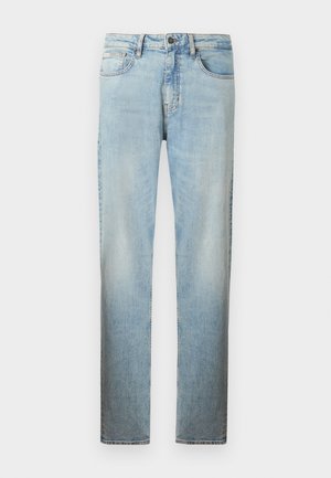 Φαρδιά τζιν παντελόνια σε ανοιχτό μπλε χρώμα με κλασικό σχεδιασμό πέντε τσεπών και κουμπιά στο μπροστινό μέρος.