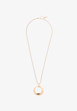 Gold-tone metal necklace featuring a twisted circular pendant and a delicate chain with a clasp and extension chain for adjustable length.