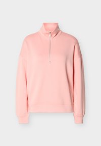 Ανοιχτόροζ πουλόβερ μακρυμάνικο με φερμουάρ τέταρτου μήκους μπροστά και όρθιο γιακά, με ριμπ μανσέτες και άνετη εφαρμογή.