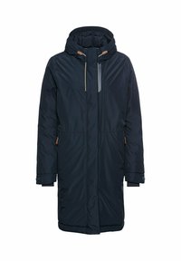 Navy blauwe gewatteerde parka jas met een capuchon, touwtjes en ritszakken. Heeft een gladde textuur en een rechte uitstraling.