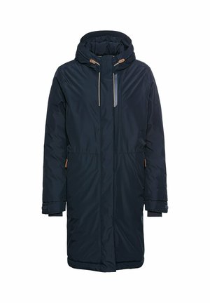 Navy blauwe gewatteerde parka jas met een capuchon, touwtjes en ritszakken. Heeft een gladde textuur en een rechte uitstraling.