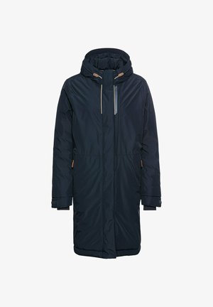 Marineblaue gepolsterte Parka-Jacke mit Kapuze, Kordelzügen und mit Reißverschluss versehenen Taschen. Sie zeichnet sich durch eine glatte Textur und eine gerade Silhouette aus.