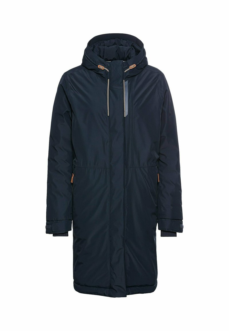 Navy blauwe gewatteerde parka jas met een capuchon, touwtjes en ritszakken. Heeft een gladde textuur en een rechte uitstraling.