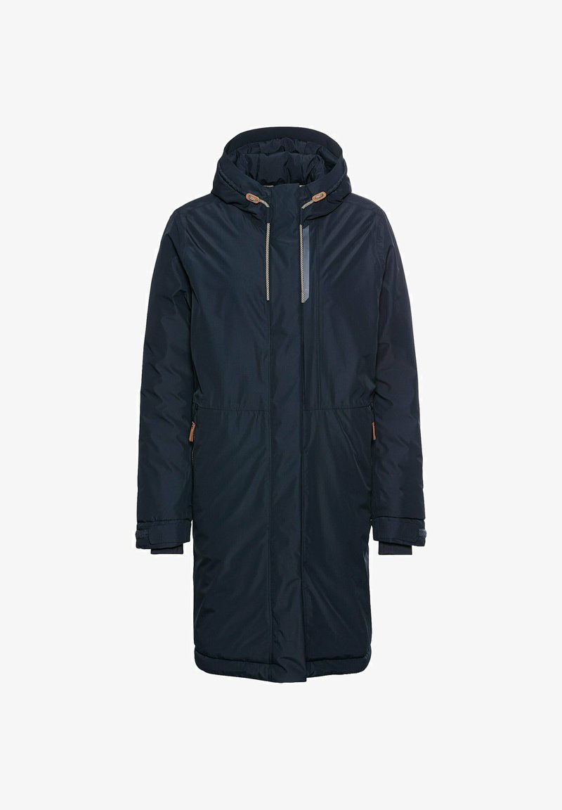 Mørkeblå polstret parka-jakke med hætte, snoretræk og lynlåslommer. Har en glat tekstur og en lige silhuet.