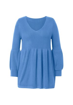 Blå ribbet strik bluse med v-hals, lange puffærmer og plisseret kant for en afslappet pasform. Glat tekstur med en livlig farve.