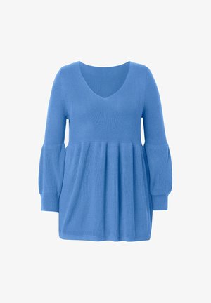 Blå ribbet strik bluse med v-hals, lange puffærmer og plisseret kant for en afslappet pasform. Glat tekstur med en livlig farve.